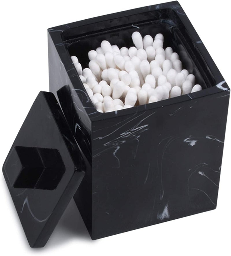 Jung Ford Qtip Holder for Bathroom with Lid â€“ Square Cotton Swab Organizer, Cotton Ball Dispenser, Makeup Pad Container â€“ Marble Look Resin Vanity Storage (Black) - Image 1